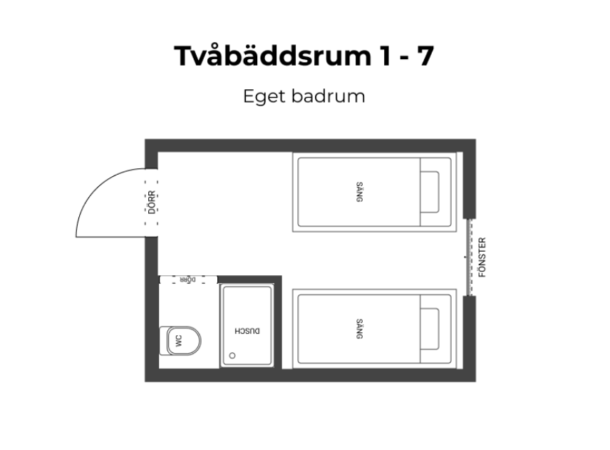 Tvåbäddsrum 1 - 7 säng delad